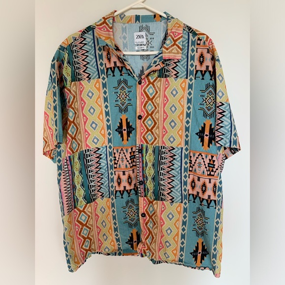 Zara mens geometric print button up lightweight cotton shirt size large - Picture 1 of 5